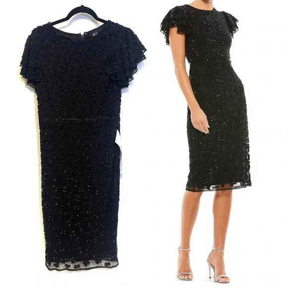 Mac Duggal Floral Beaded Sheath Dress - Cocktail Formal Rosette Beadwork - Picture 1 of 9